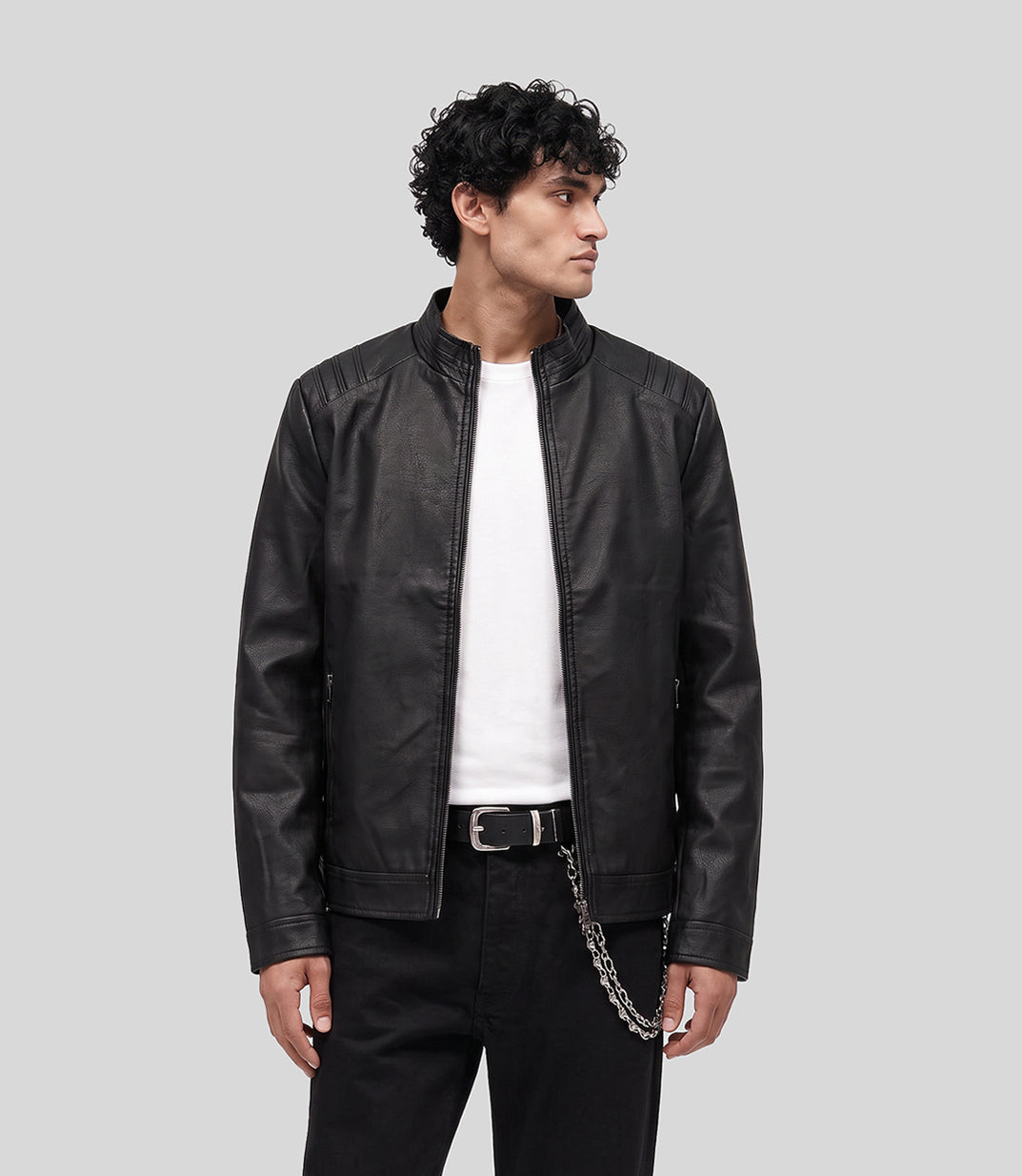 Biker Leather Jacket in black, front view on model