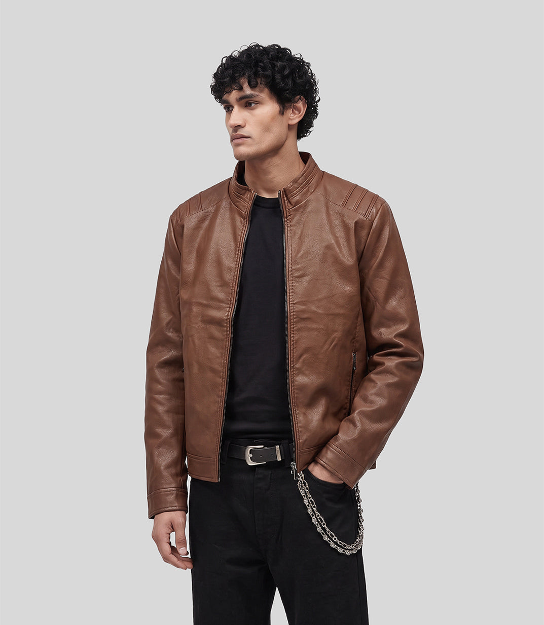 Biker Leather Jacket in tan, front view on model