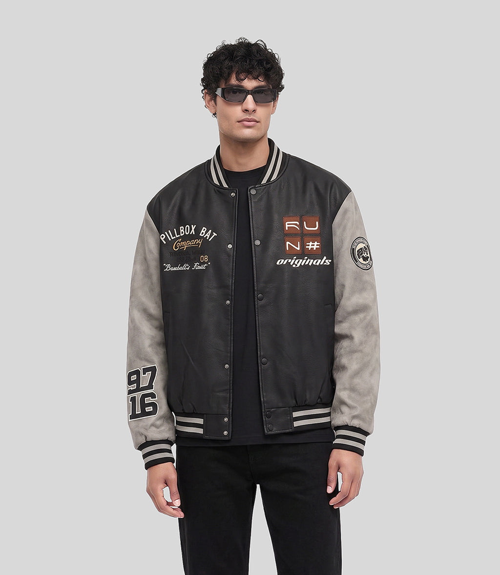 Varsity Bomber Jacket in black, front view on model