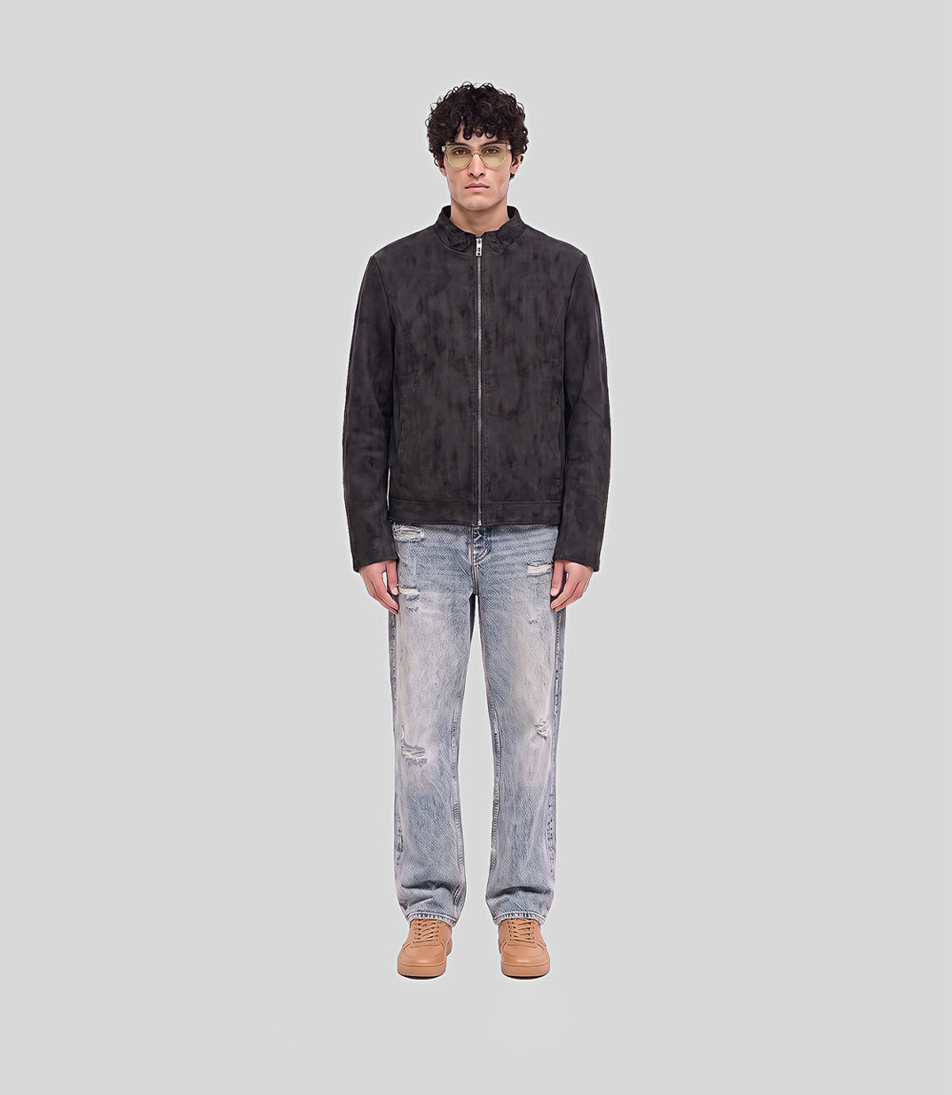 Washed Biker Jacket in charcoal, full-length view on model with light jeans