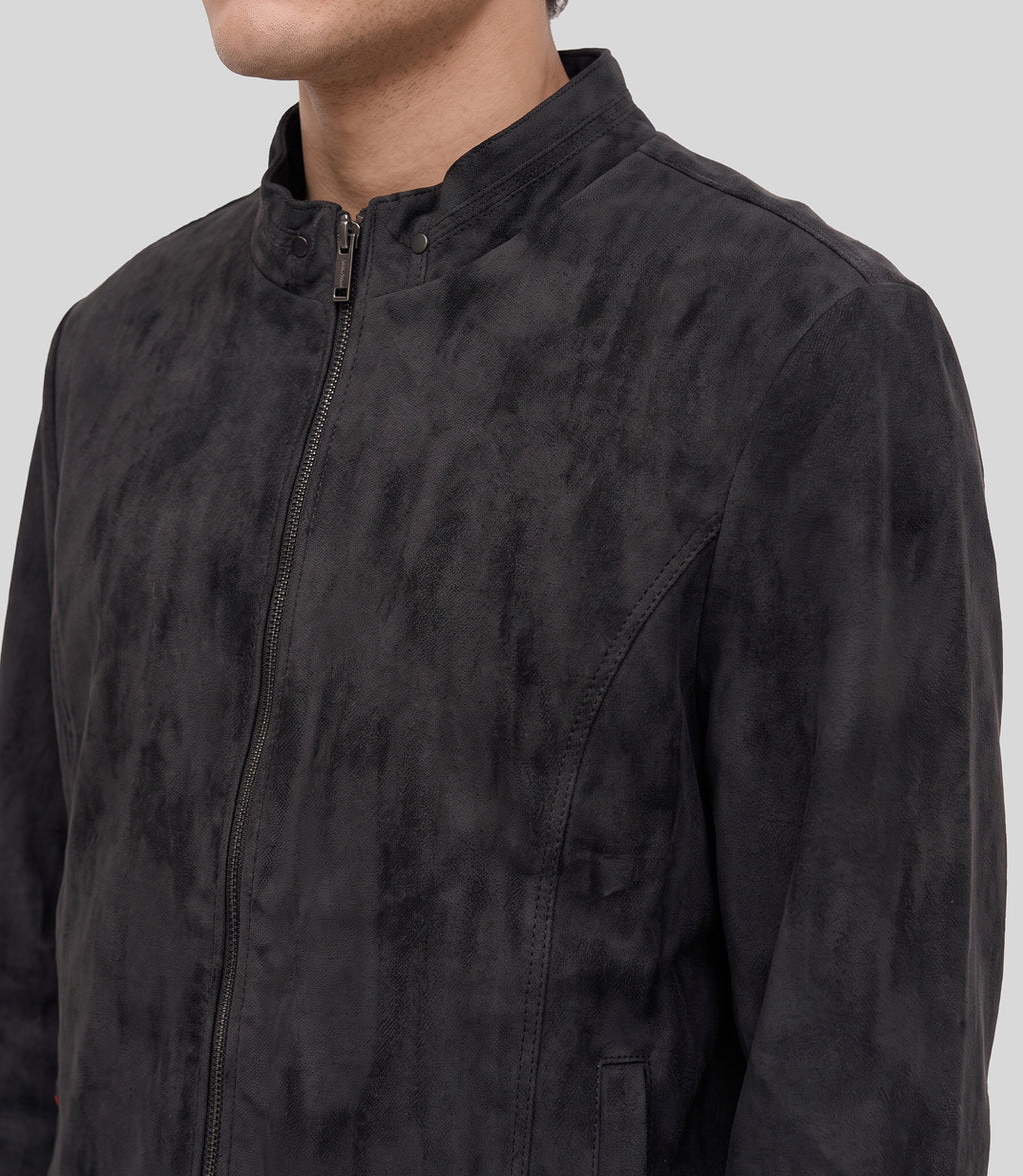 Washed Biker Jacket in charcoal, close-up of the stand collar and washed finish