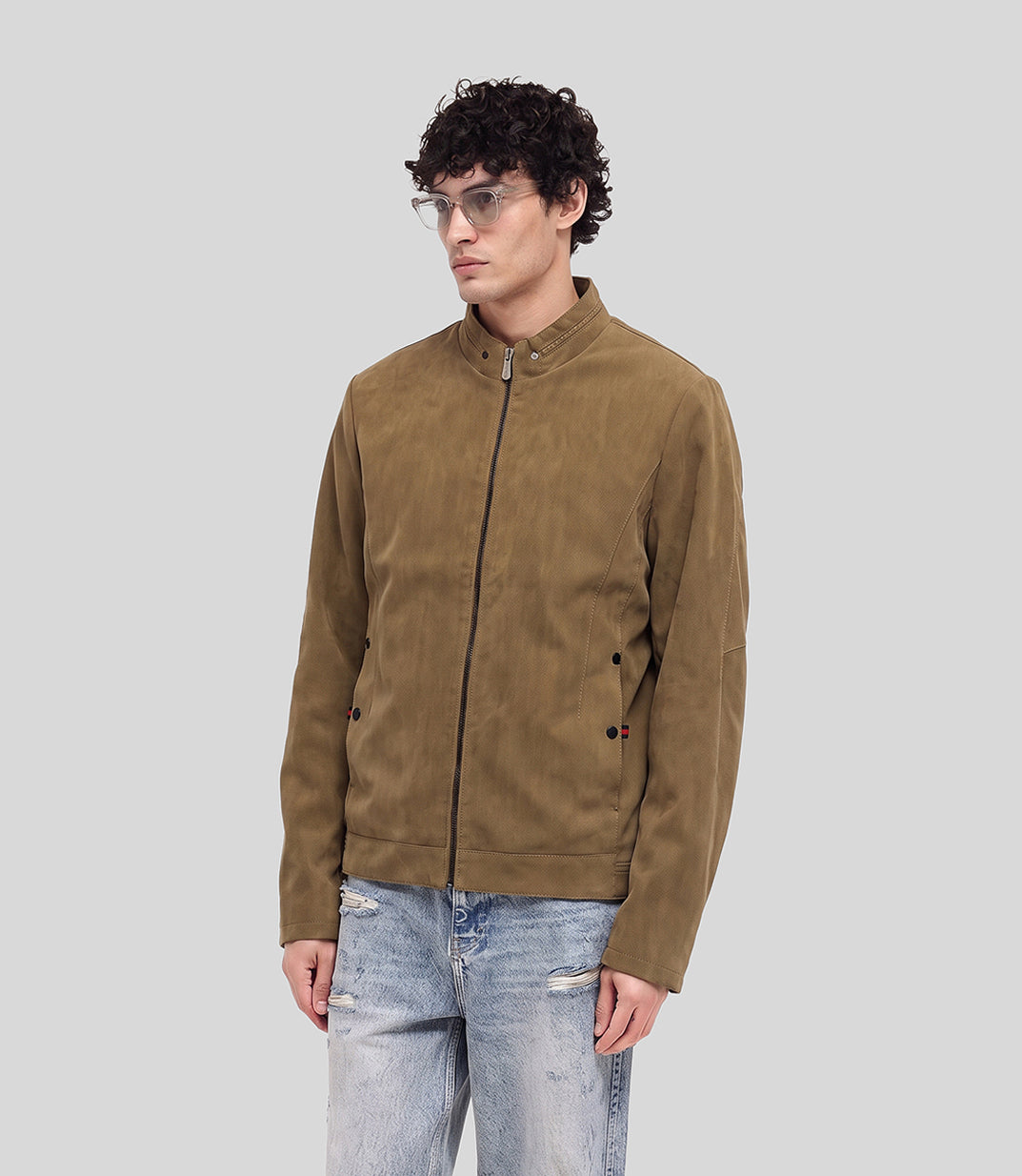 Washed Biker Jacket in khaki, front view on model with light jeans