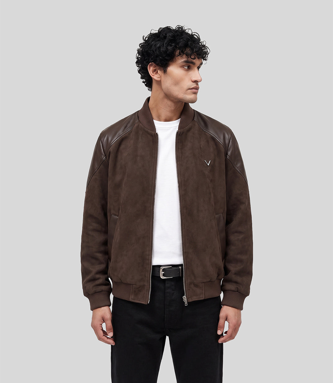 Heritage Suede Bomber Jacket in brown, front view on model