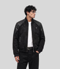 Heritage Suede Bomber Jacket in black, front view on model