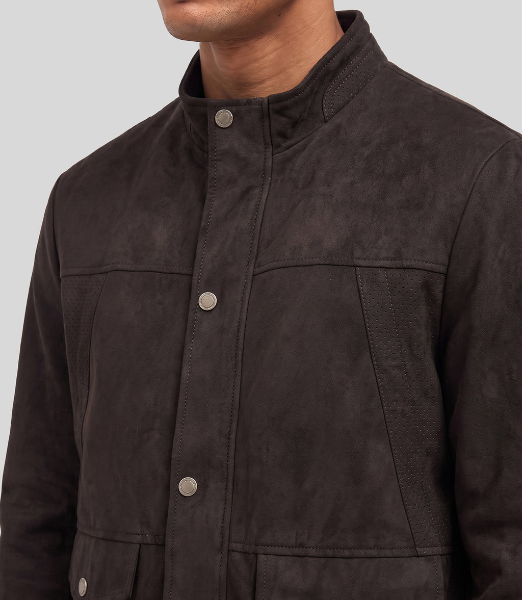 Suede Long Jacket in dark brown, close-up of the stand collar and snap front