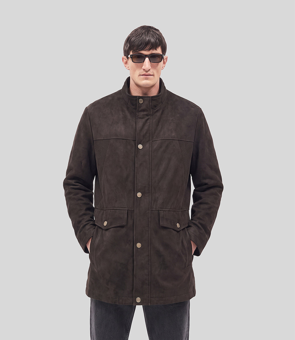 Suede Long Jacket in dark brown, front view on model