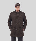 Suede Long Jacket in dark brown, front view on model