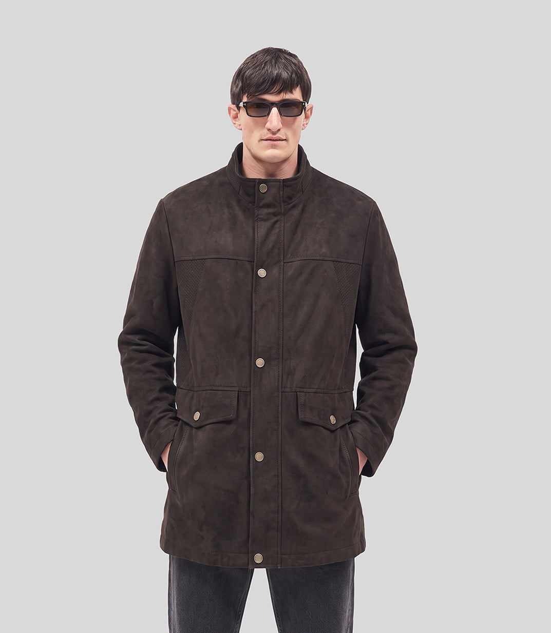 Suede Long Jacket in dark brown, front view on model