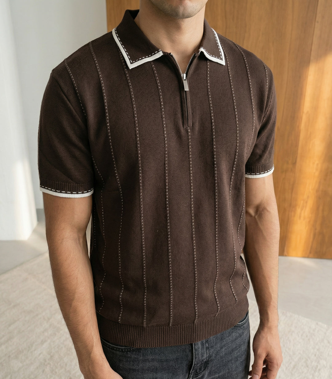 KNITTED POLO WITH STRIPE DETAIL T-SHIRT